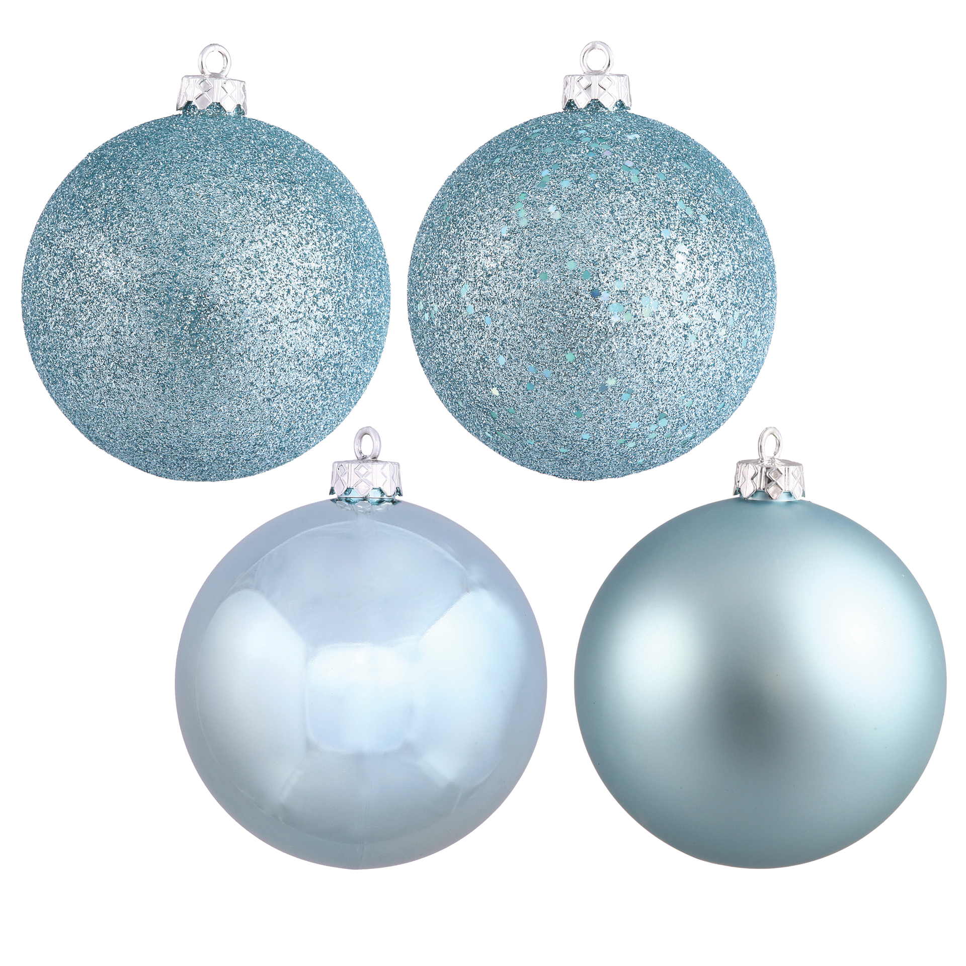 Four blue Christmas ornaments, two glittery and two smooth.