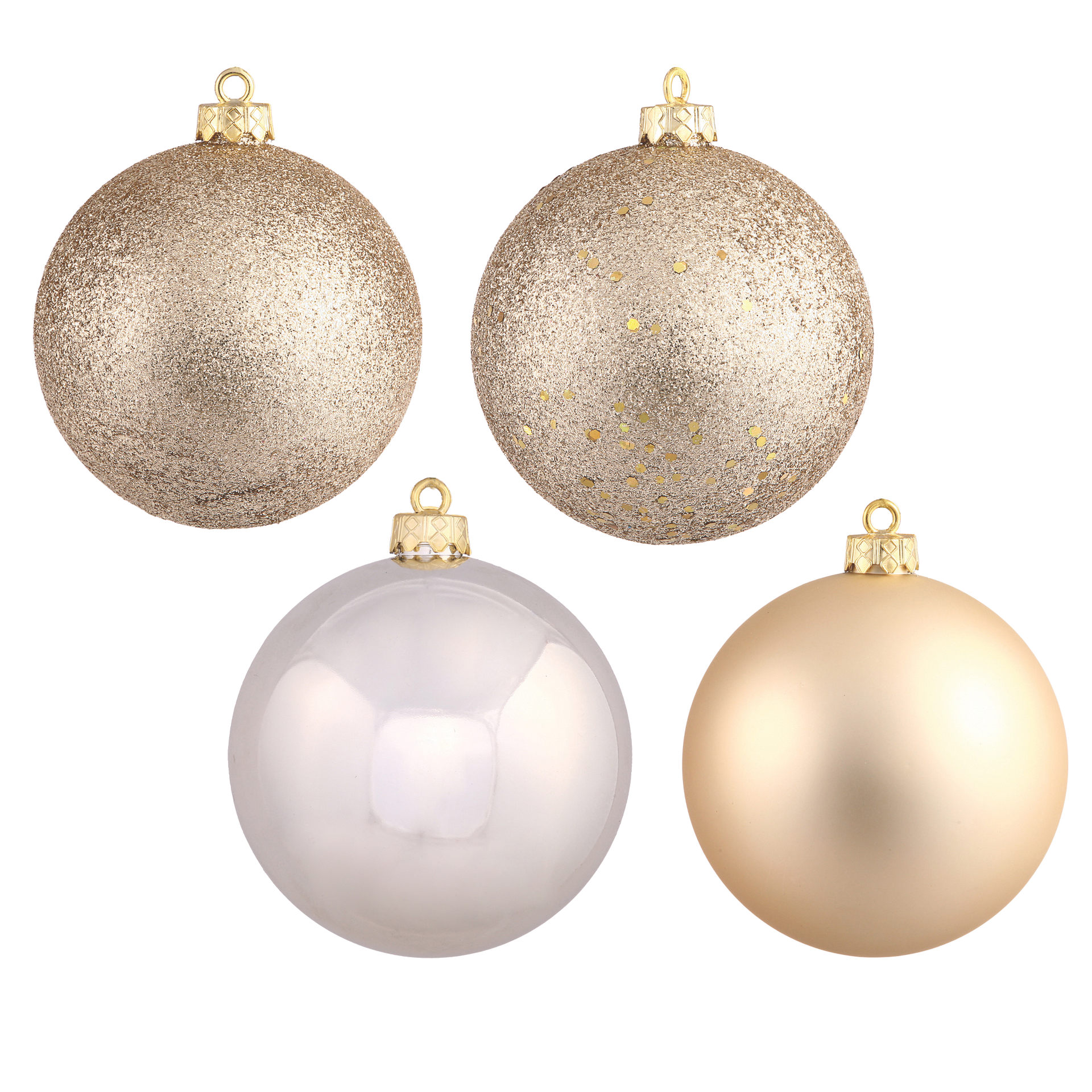 Four Christmas ornaments: gold glitter, silver, and matte gold.