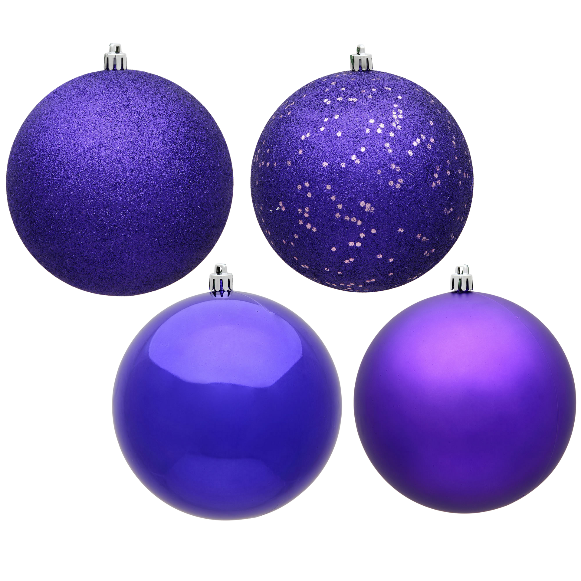 Four purple Christmas ornaments: glitter, sparkling, glossy, and matte finishes.