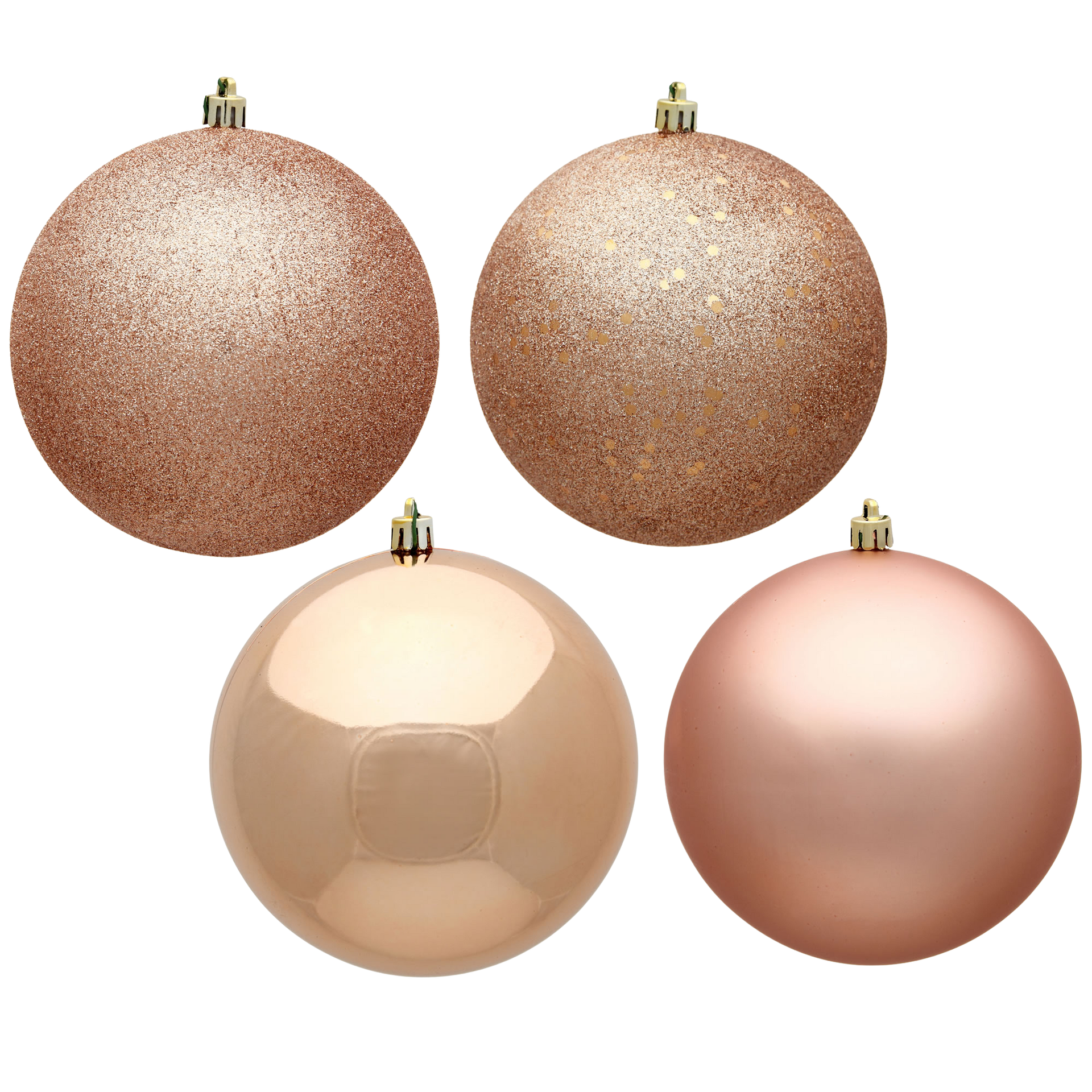 Four rose-gold Christmas ornaments: two with glitter, one glossy, and one matte.