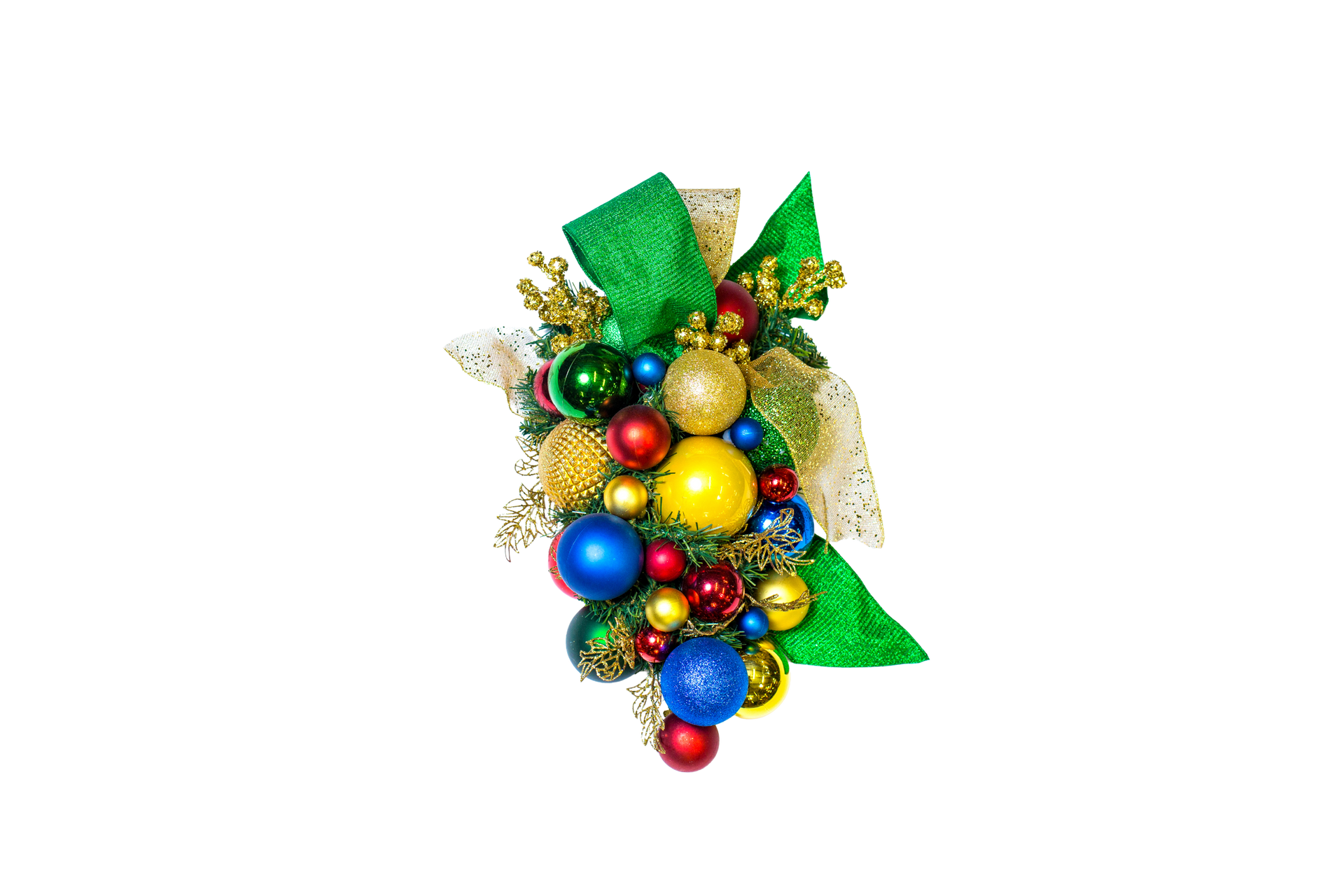 Colorful Christmas ornament cluster with green bow and golden accents.