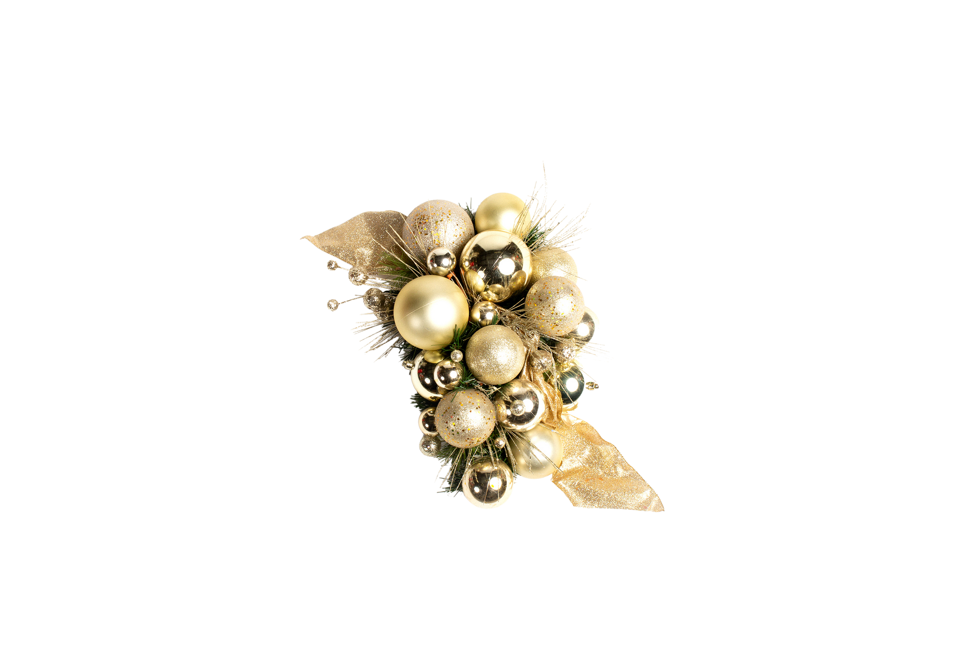 Golden Christmas ornament cluster with balls and leaves.