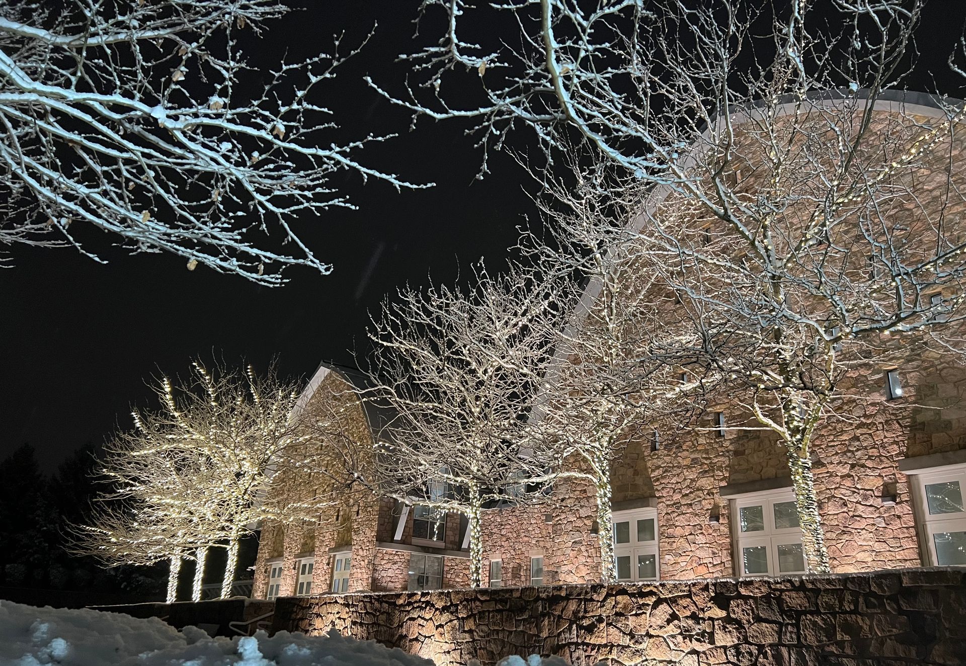 Snowy night scene with illuminated brick buildings and frosted trees.