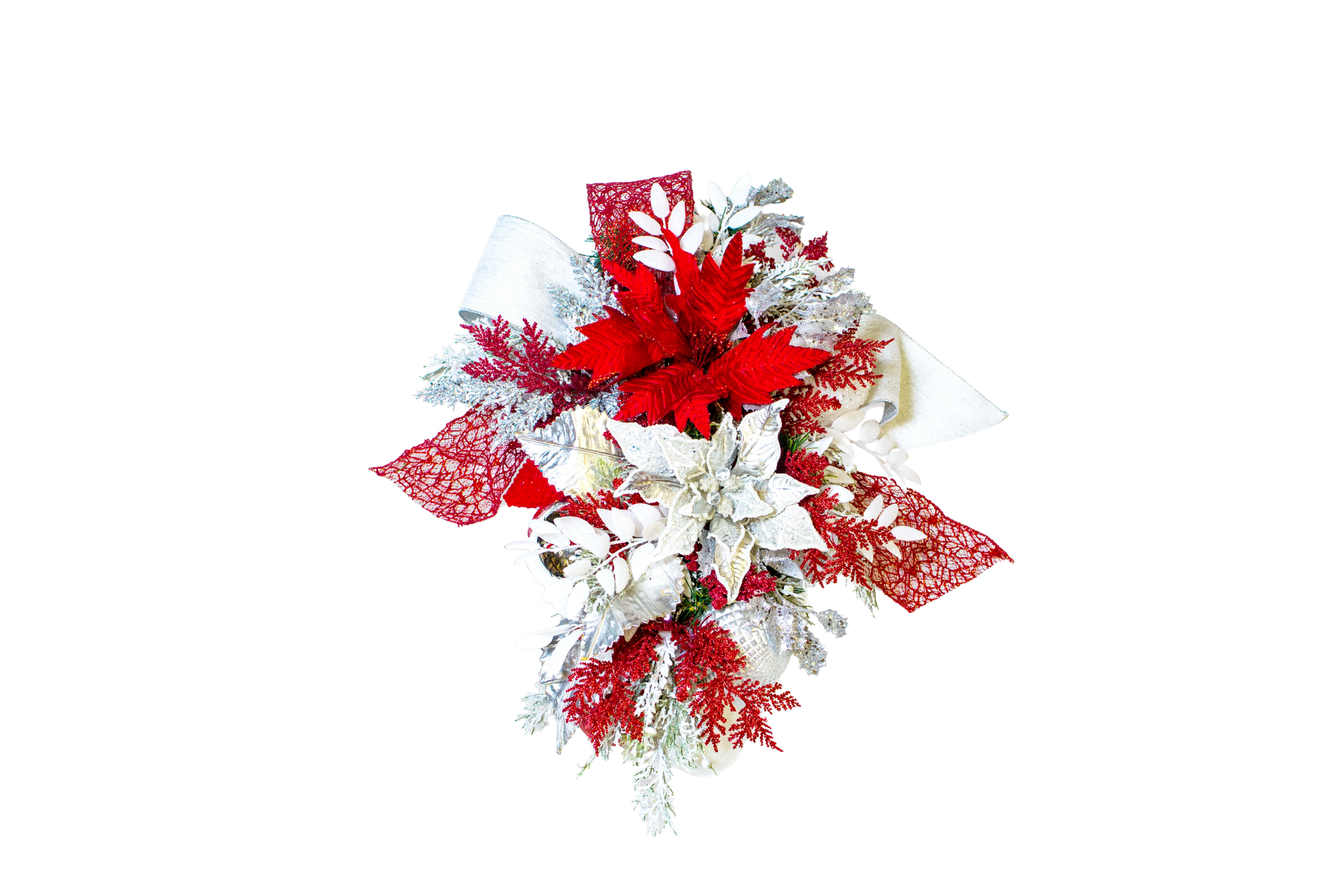 Red and white poinsettia and silver leaves Christmas decoration.