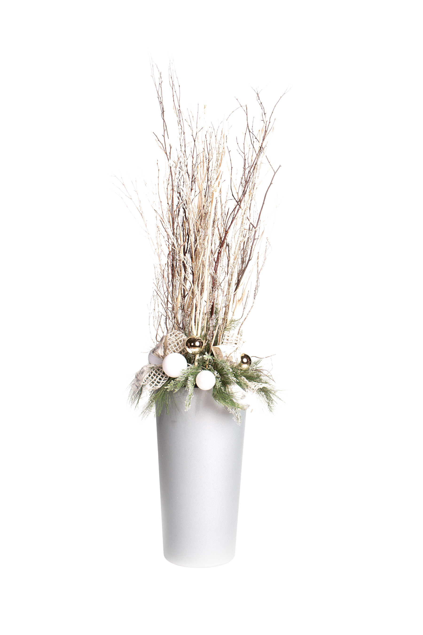 Tall silver vase with frosted branches, white balls, and greenery.