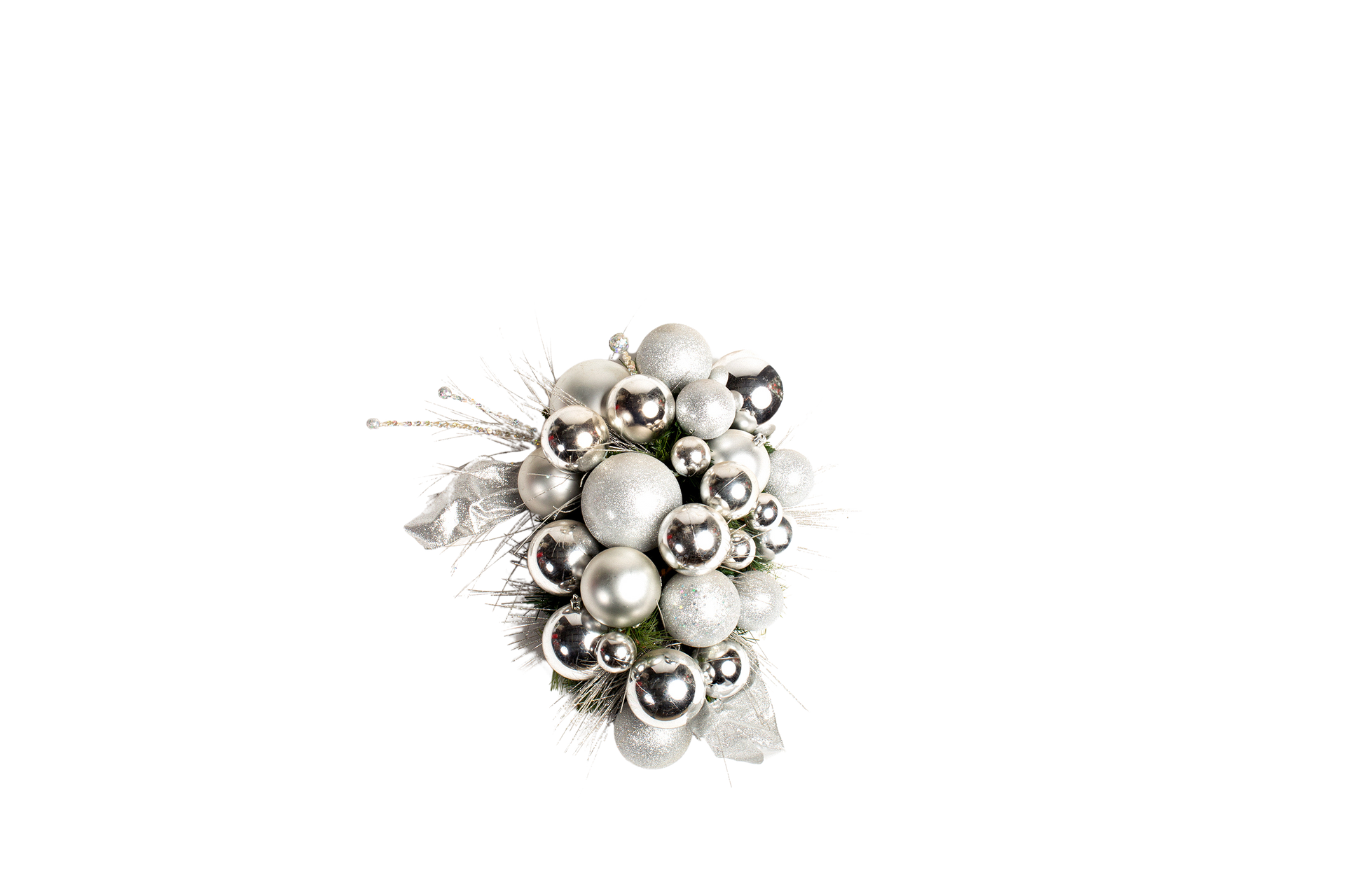 Silver and white ornament cluster on a white background; Christmas decoration.