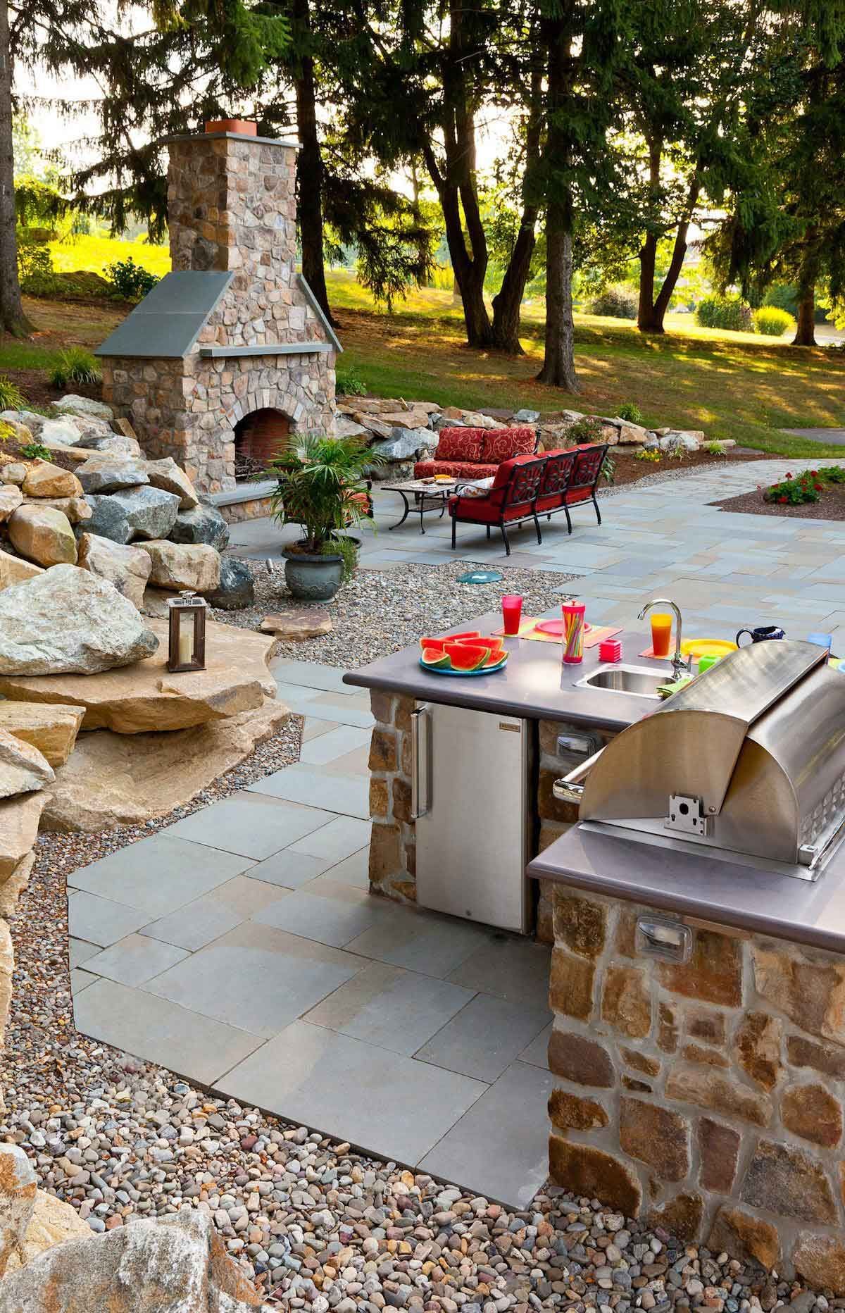 There is a grill and a fireplace in the backyard.