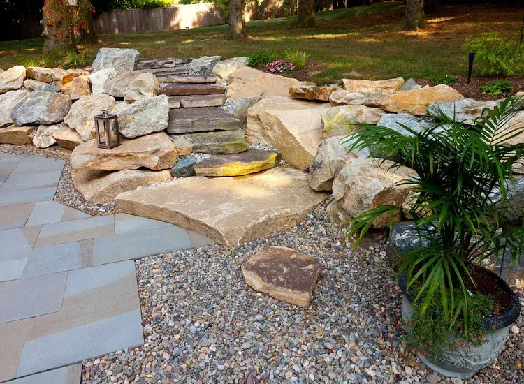 There is a potted plant in the middle of a rock garden.