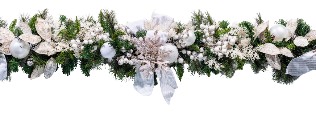 Christmas garland with white and silver decorations.