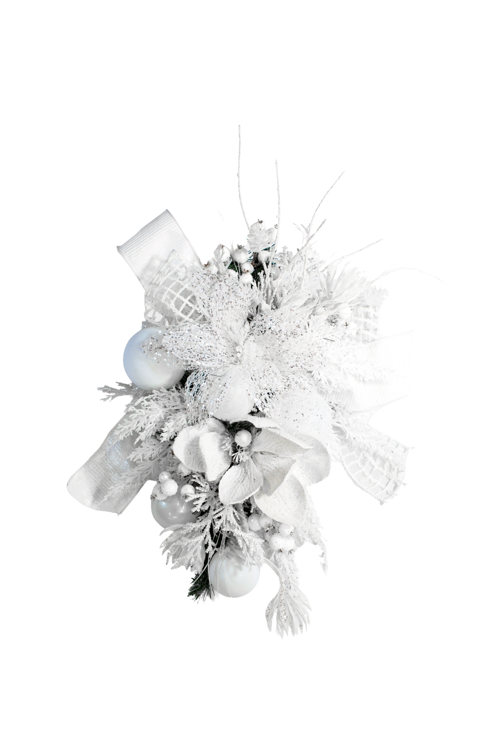 White Christmas ornament with ribbon, baubles, and foliage.