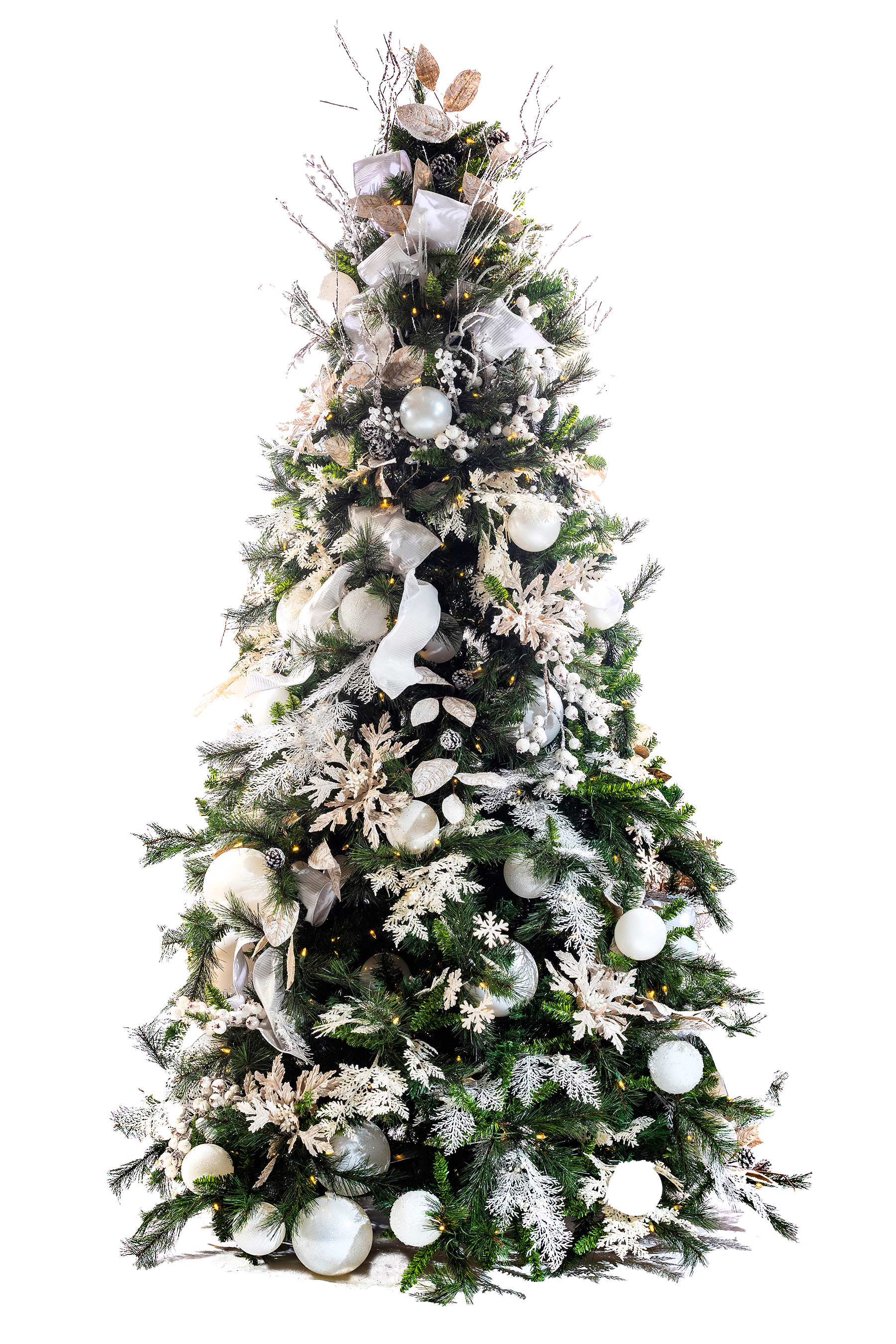 Flocked Christmas tree decorated with white and silver ornaments and ribbon.