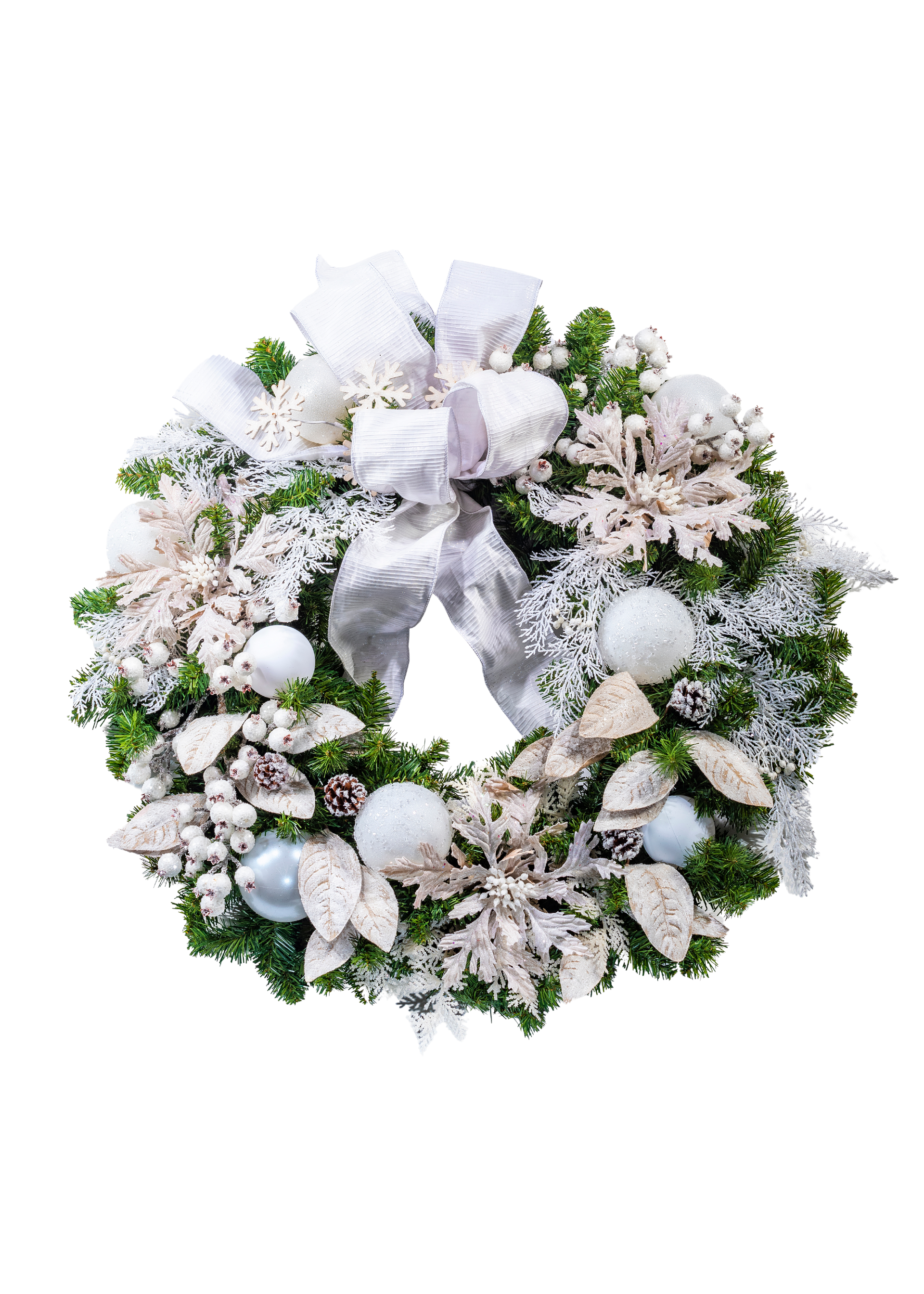 White and silver Christmas wreath with bow, ornaments, and frosted greenery.