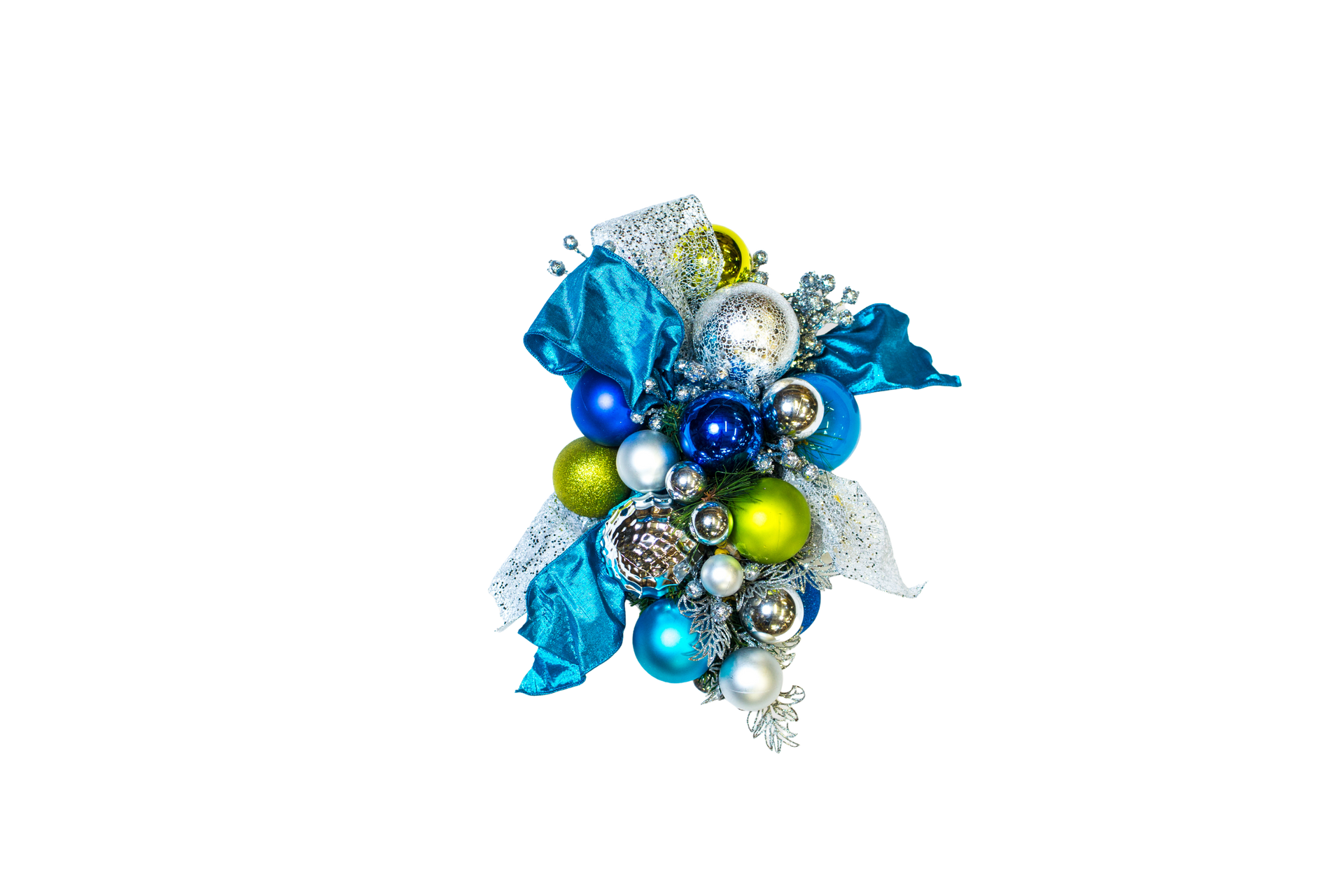 Cluster of blue, green, and silver Christmas ornaments with a blue bow and glitter accents.