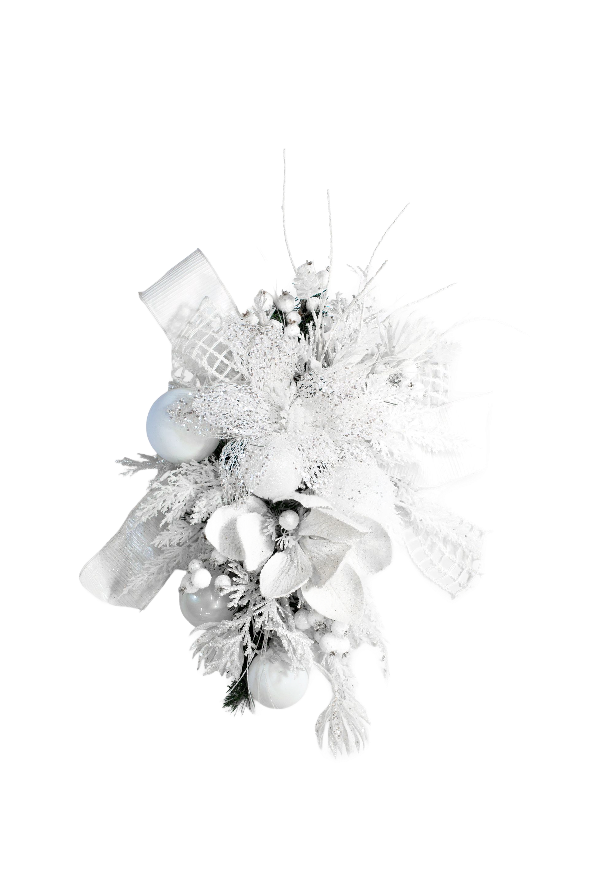 White and silver Christmas ornament with ribbon, ornaments, and sprigs, on a white background.