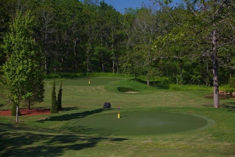 A golf course with a green and trees in the background.