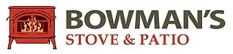 A logo for bowman 's stove and patio with a red stove on a white background.