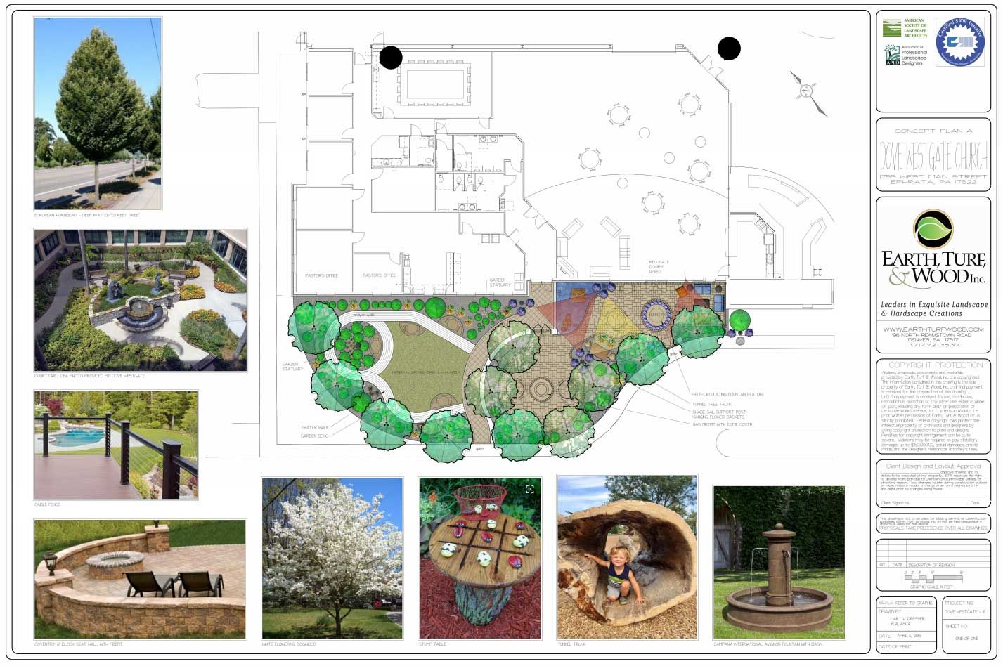 A drawing of a garden with pictures of trees and a fountain.