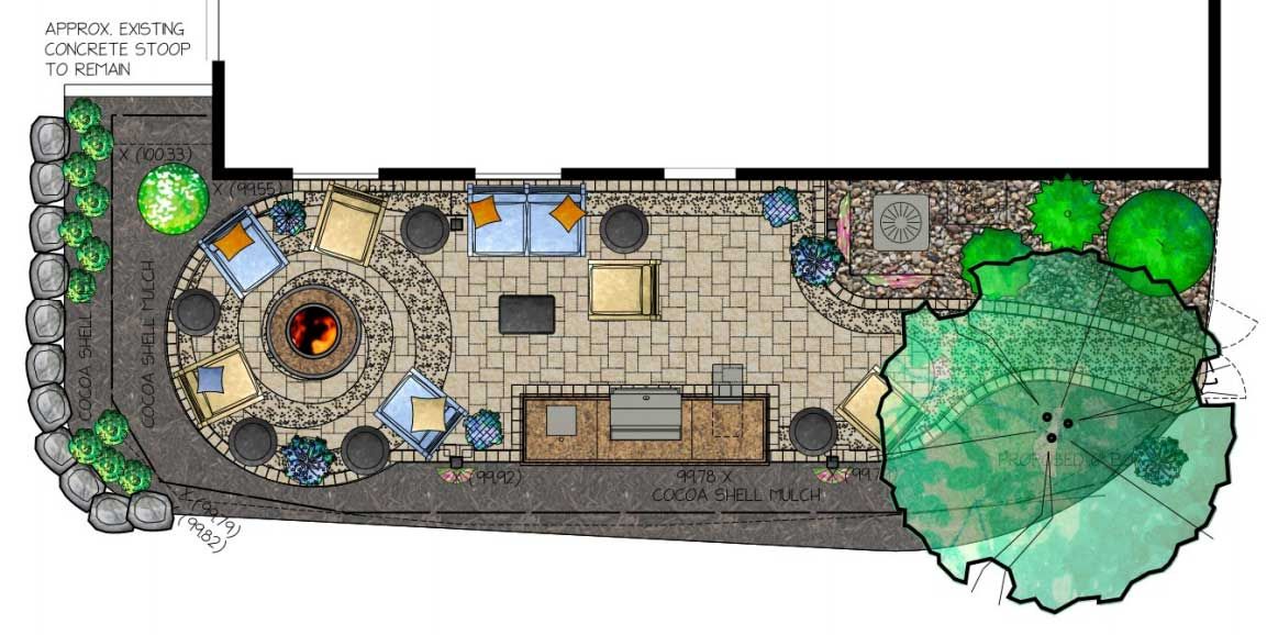 A drawing of a patio with a fire pit and a tree.