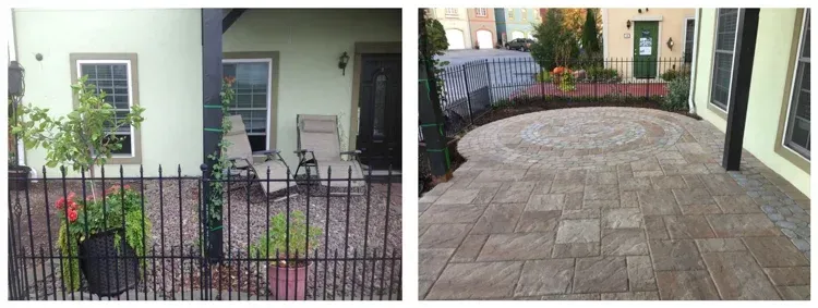 A picture of a house with a fence and a picture of a patio