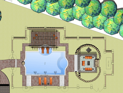 An aerial view of a swimming pool with trees in the background