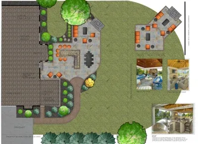 An aerial view of a house with a patio area