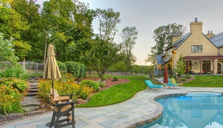 A large house with a swimming pool in the backyard