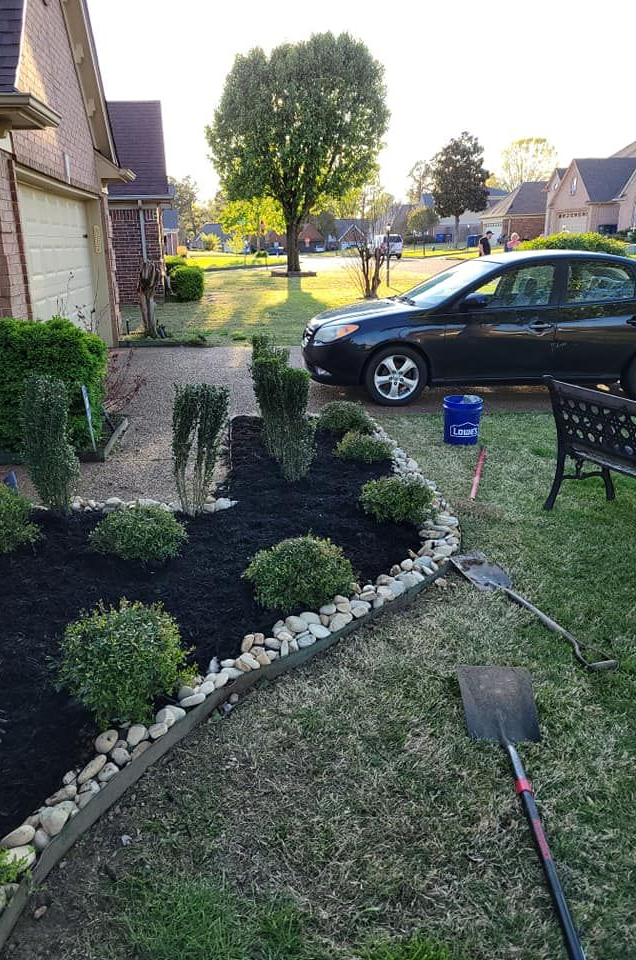 Landscaped front yard with black mulch, shrubs, rocks, and a parked car.
