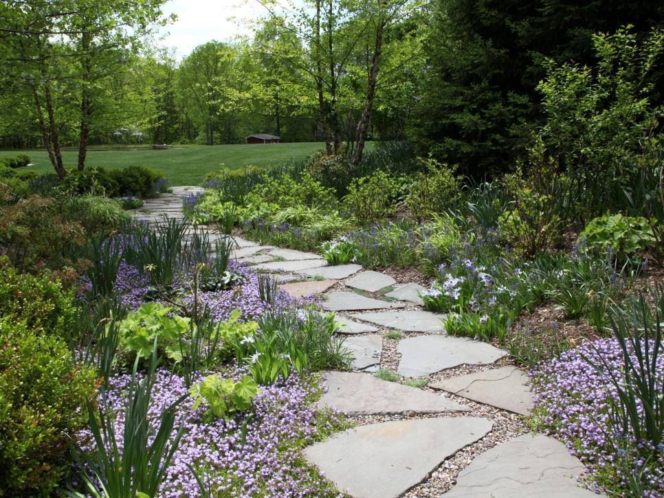 Stone path winds through a garden of purple flowers, green shrubs, and trees.