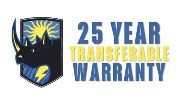 25-year transferable warranty badge with shield icon and blue-yellow text