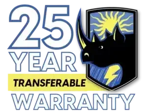 25-year transferable warranty logo with rhino shield and yellow lightning bolt