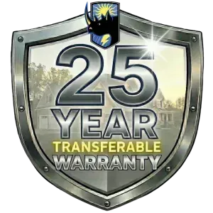Shield badge reading “25 Year Transferable Warranty” in silver, black, and gold.