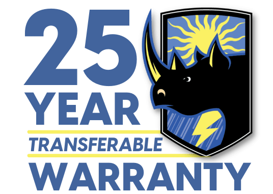 25-year transferable warranty badge with blue text and black shield logo featuring a wolf head and yellow sunburst