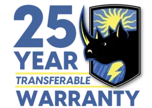 25-year transferable warranty badge with blue text and a black shield logo with yellow lightning.