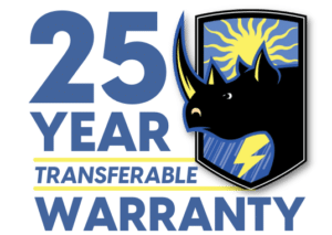 25-year transferable warranty logo with blue text and a black shield emblem with a yellow burst.