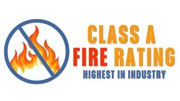 Class A fire rating logo with a flame inside a blue circle and the text “Highest in Industry”