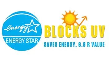 ENERGY STAR logo with “Blocks UV” and “Saves energy, 6.9 R value” text