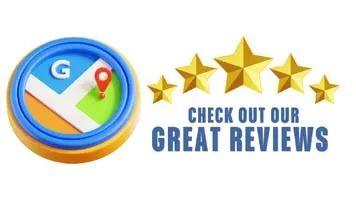 Google Maps-style logo with gold stars and text “Check out our great reviews”