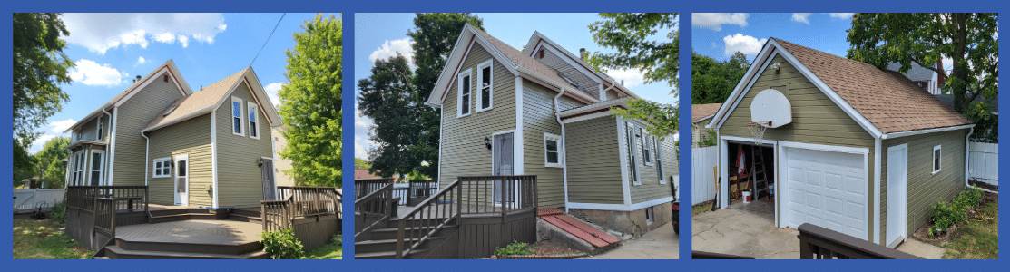 Three views of a gray house with white trim, porch, and attached garage on a sunny street.