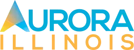Aurora Illinois logo with blue and orange text and a yellow-blue triangular icon