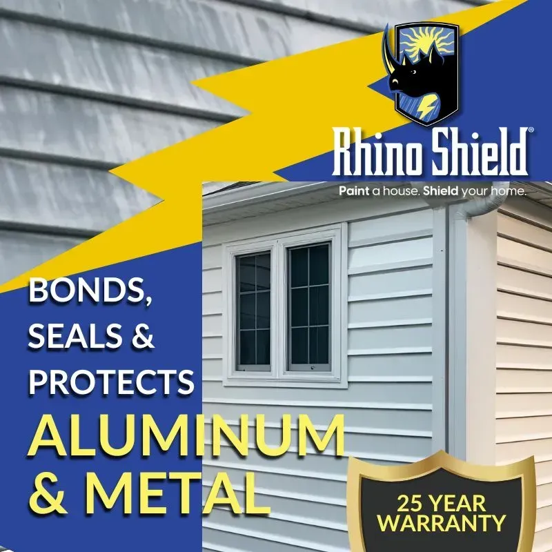 Rhino Shield ad for aluminum and metal coatings, showing white house siding and 25-year warranty