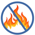 Blue prohibition symbol over orange flames, indicating no fire.