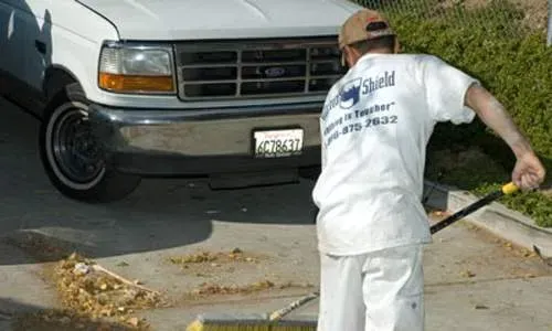 Worker in white uniform sweeping debris from a driveway beside a parked white van