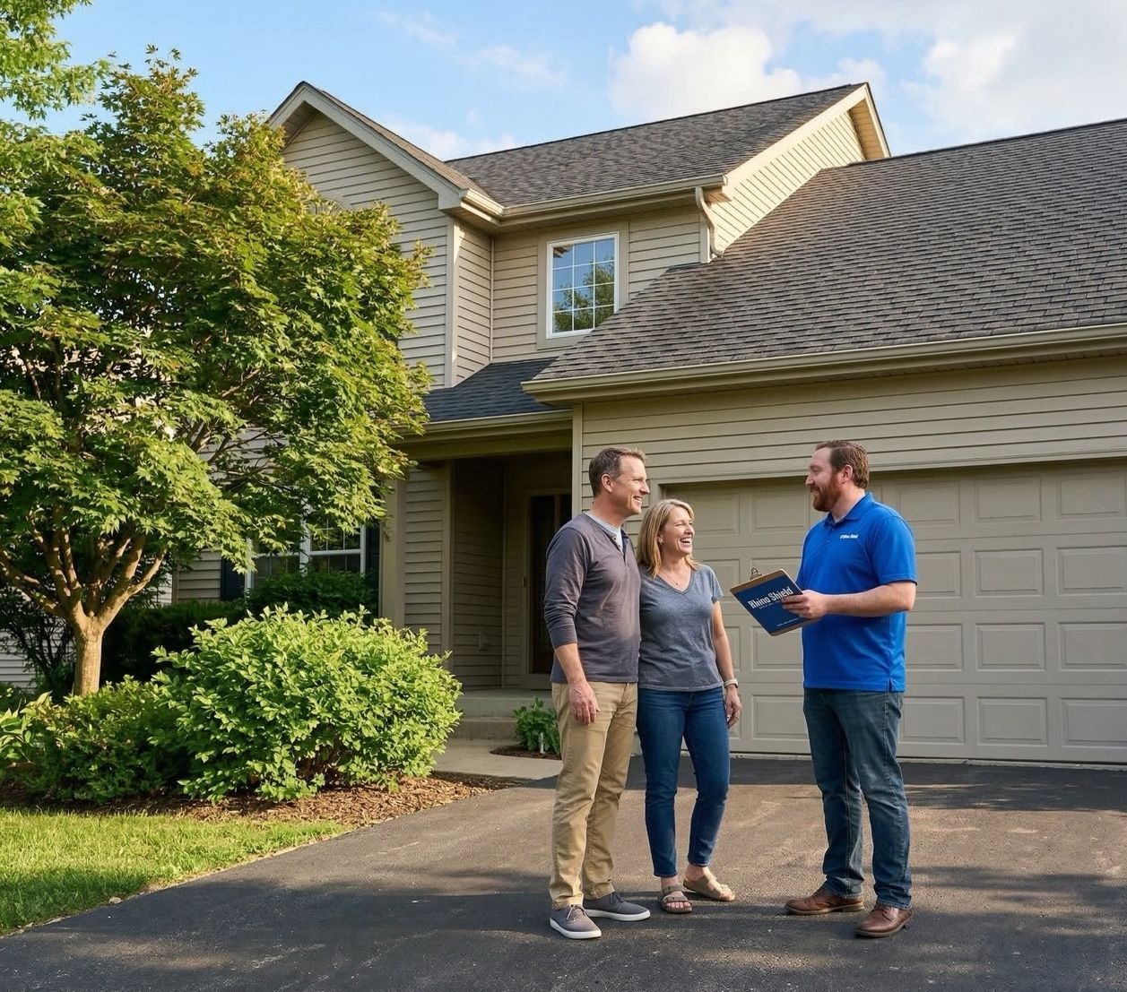 Three people talking outside a suburban house with a two-car garage and landscaped yard