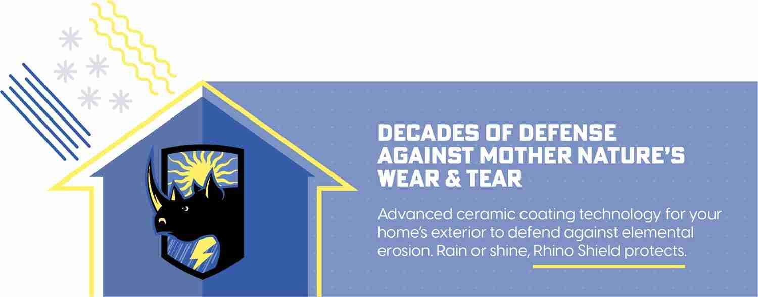 Decades of defense against nature’s wear and tear graphic with shield emblem on blue and yellow background
