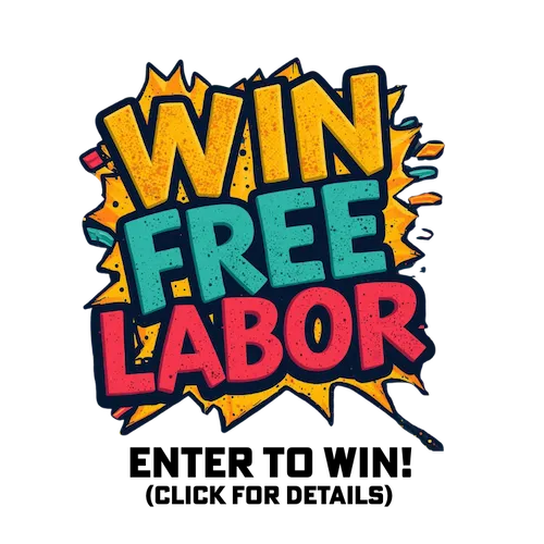 Bright pop-art promo reading “WIN FREE LABOR” with “ENTER TO WIN! (CLICK FOR DETAILS)” below.
