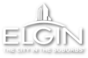 Elgin city logo with stylized skyline and the slogan “The City in the Suburbs”