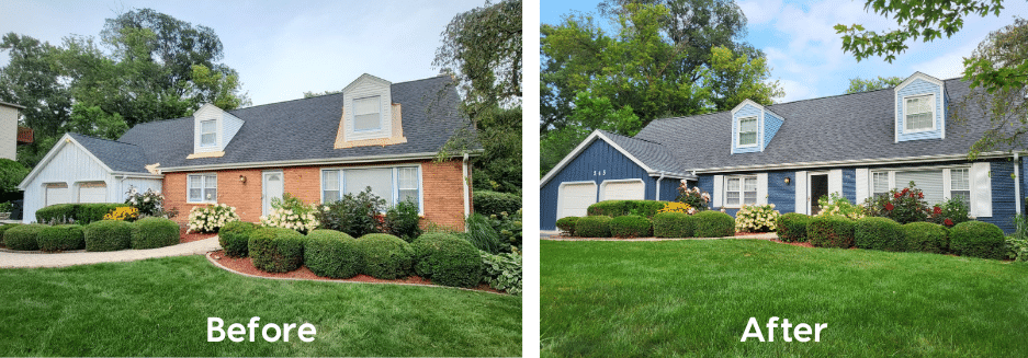 Before-and-after view of a brick house with updated dark roof, trim, and fresh landscaping