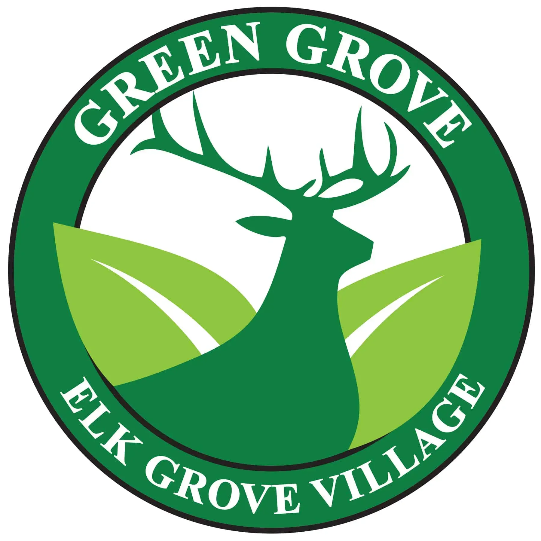 Green Grove Elk Grove Village logo with green deer silhouette and tree, circular emblem.