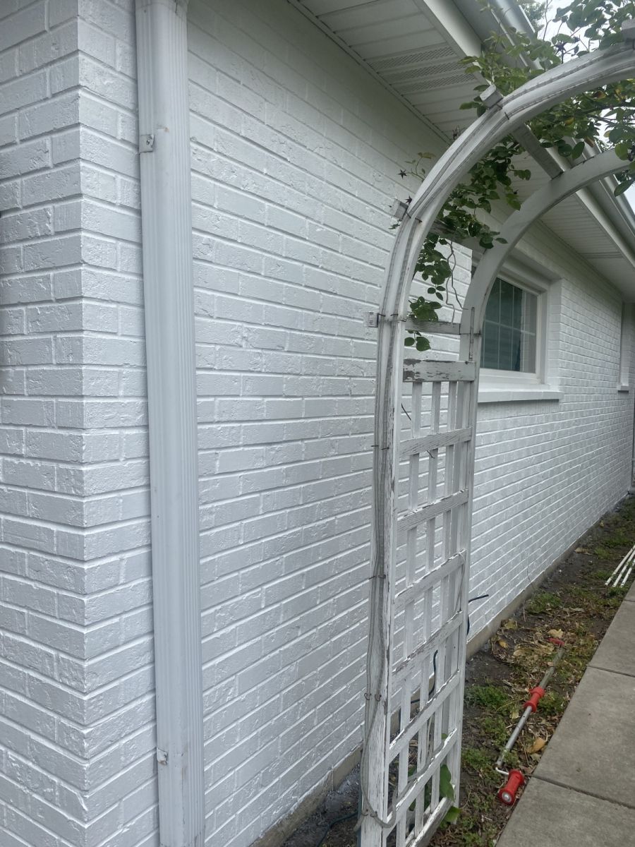 White brick house wall with a white trellis arch over a narrow garden path.