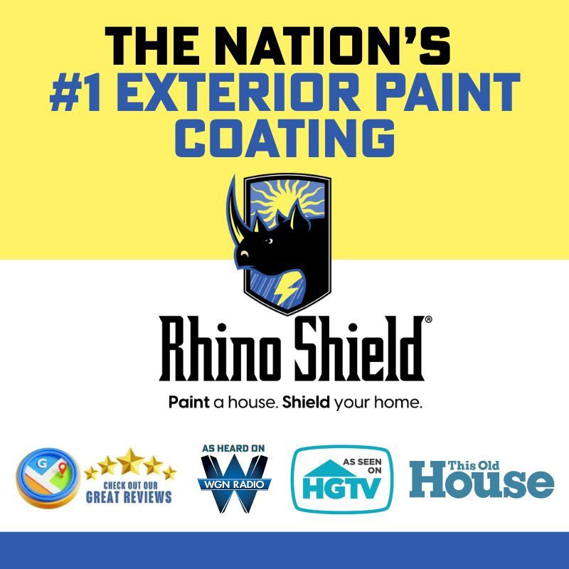 Rhino Shield ad on yellow background with “The Nation’s #1 Exterior Paint Coating” and product logo